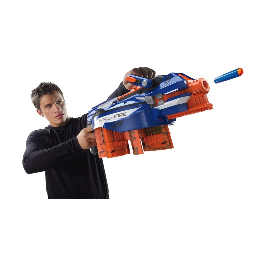 Nerf N-Strike Elite Hail-Fire Review image of Hasbro’s 2012 blaster with rotating barrel and darts.