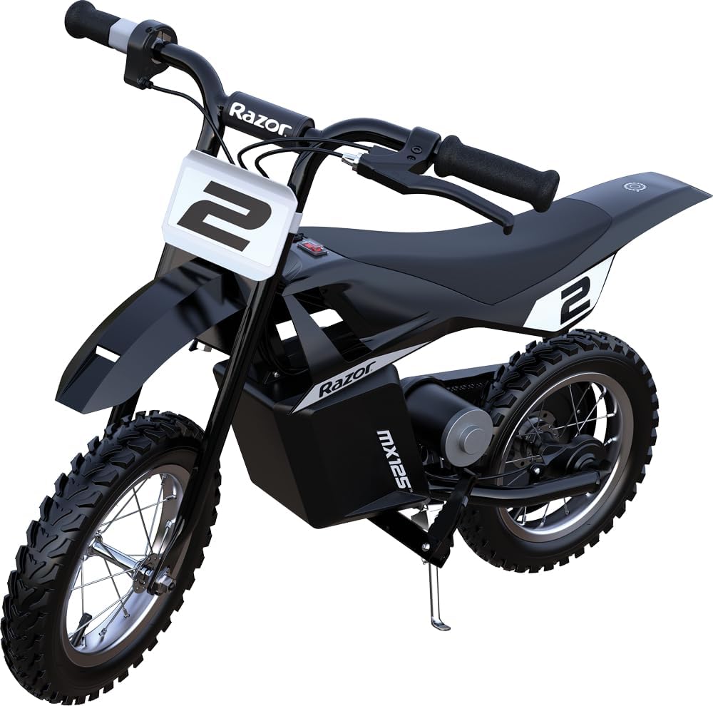 Razor MX125L Decal Electric Dirt Bike review showing electric kids dirt bike outdoors.