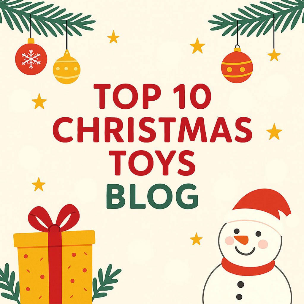 Illustration of children exploring vintage and modern Christmas toys on a festive blog header for Top 10 Christmas Toys